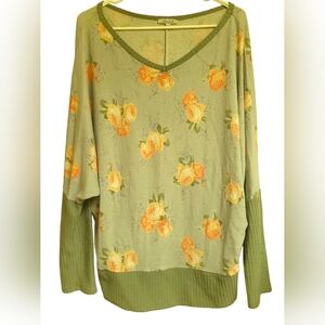 White Birch Women's Floral Waffle Knit Sleeves Oversized Pullover Blouse, L